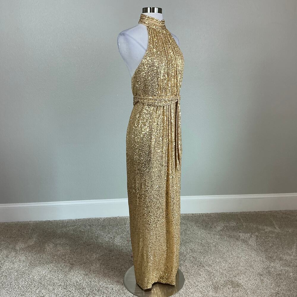 Mac Duggal 11281 Gold Sequined Evening Gown Halter Neck Column Dress Size 4 - Picture 4 of 12